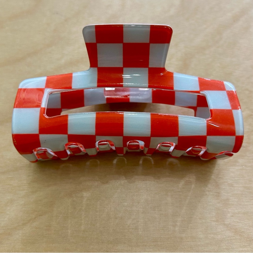 Cherry Red & Pale Blue Checkered Hair Claw Clip 3.25"